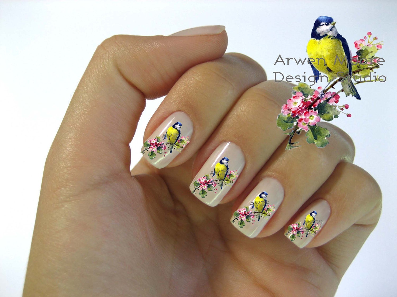 Beautiful Vintage Style Chic Little Blue Bird With Pink Floral Nail Art Waterslide Water Slide Miniture Decals - bd-006