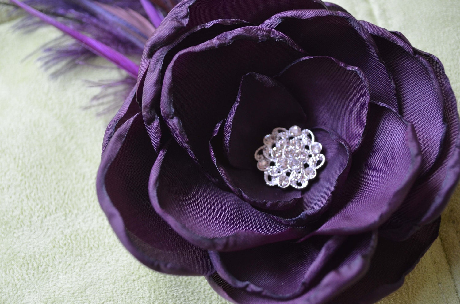 Hand-made egglpant/ purple silk, feather, & rhinestone hair flower or fascinator - bridesmaid/flower girl head piece