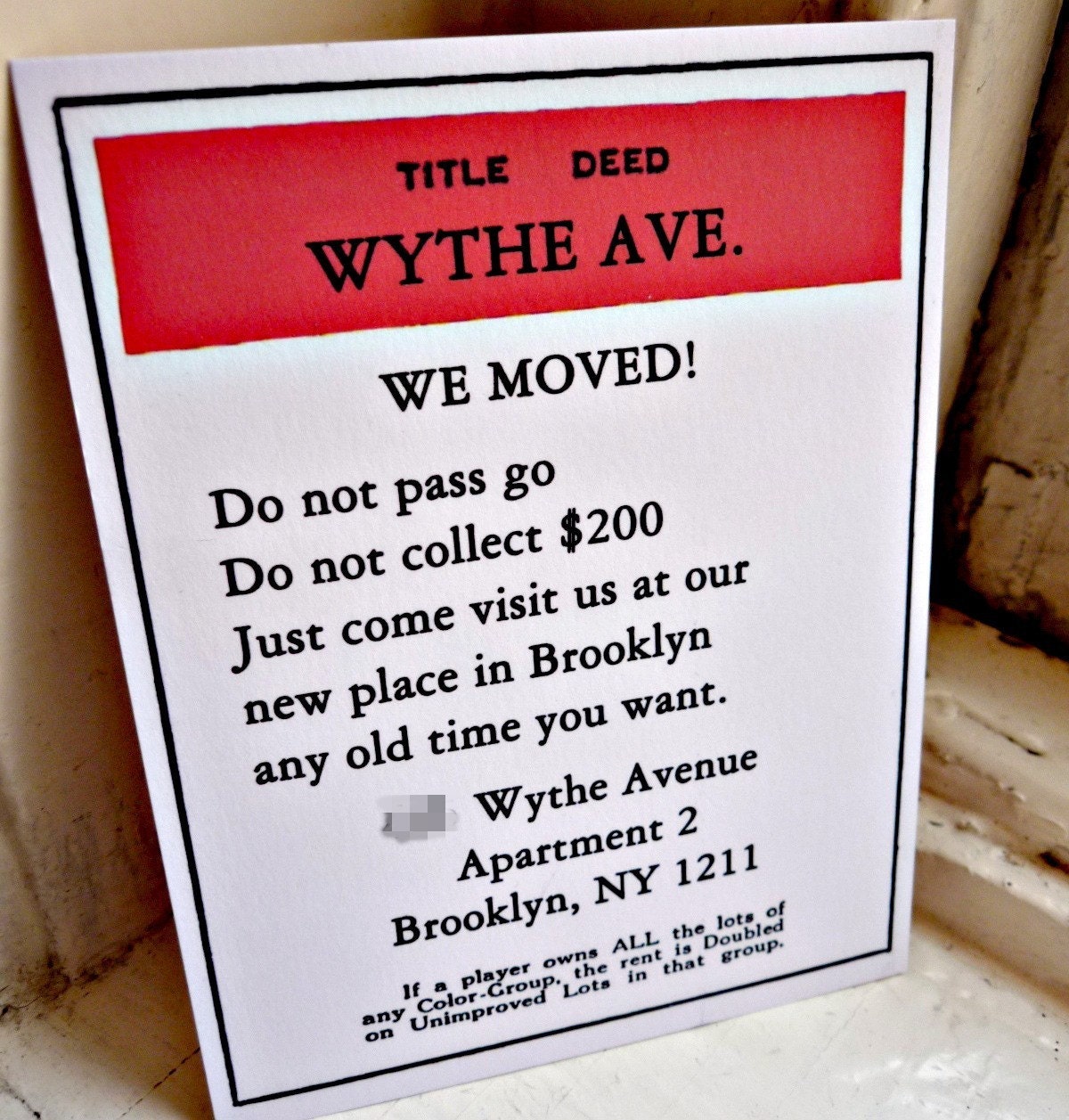 Personalized Monopoly Moving Cards - A2sized flat card set of 10