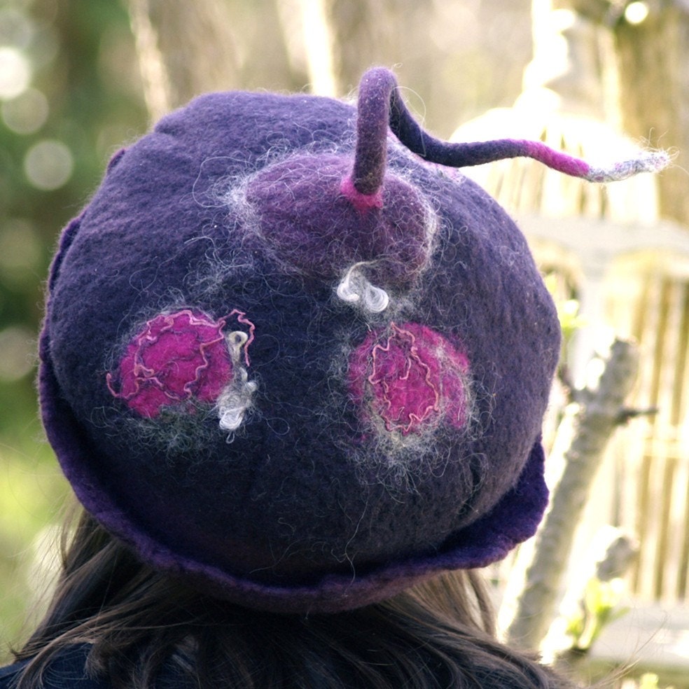 Mauve and purple felted hat pixie style merino wool,  wet felted,  handmade in france felt hat.