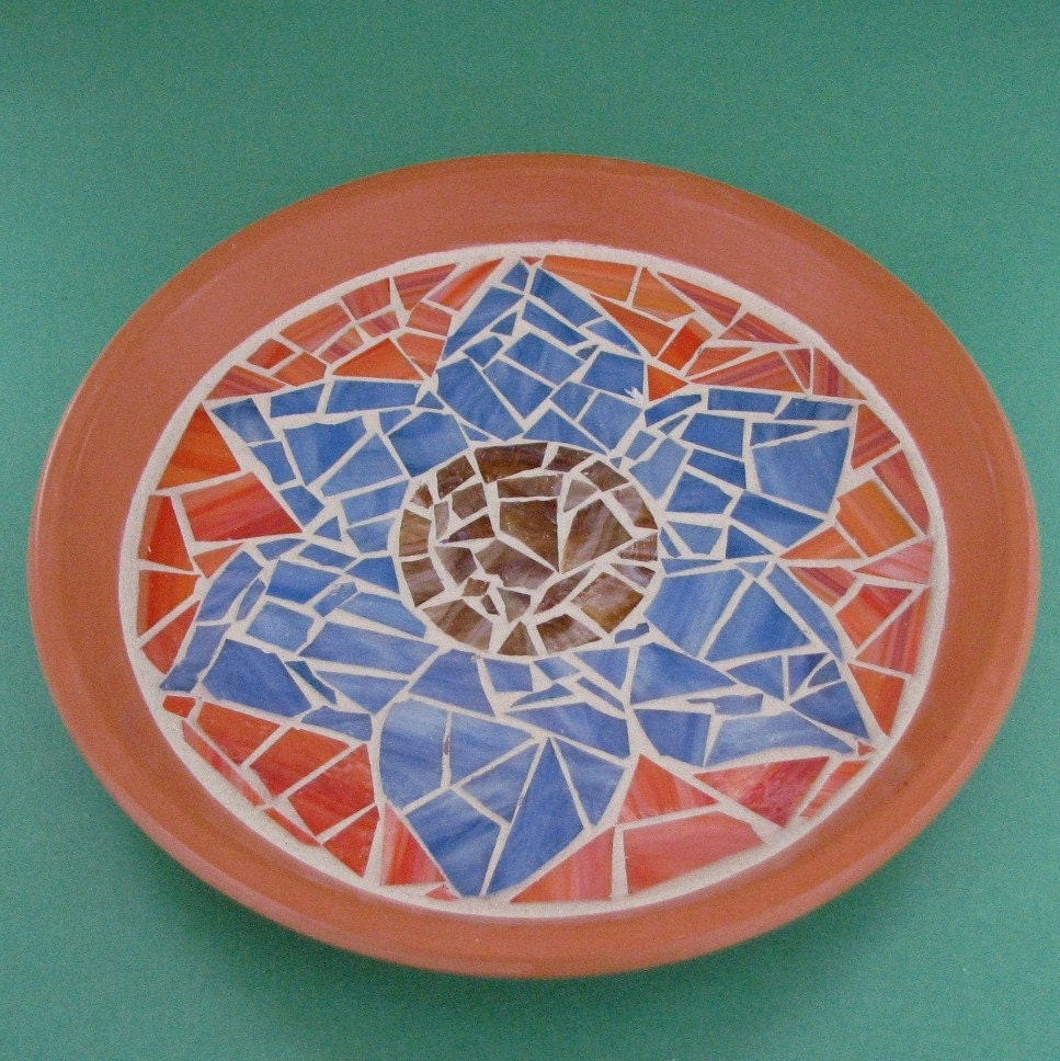 Mosaic Birdbath - Blue and Orange Flower