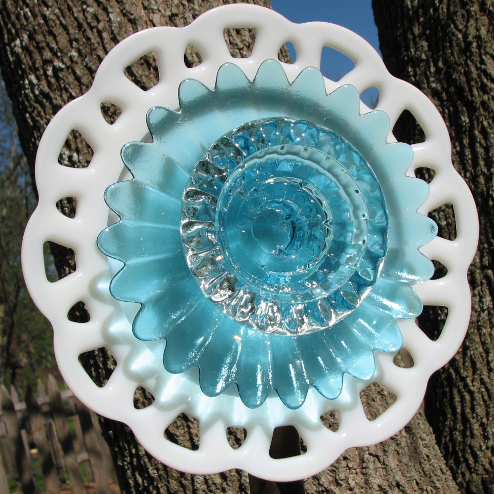 Upcycled Glass Flower Garden Sculpture - White Blue