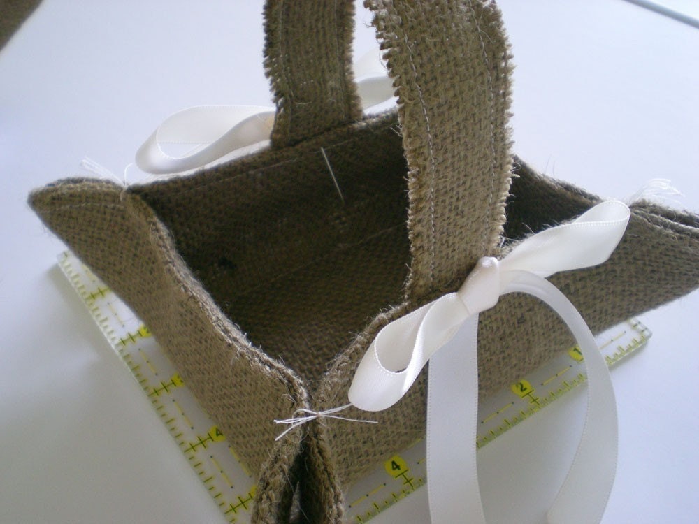 Little brown burlap flower girl basket for rustic weddings