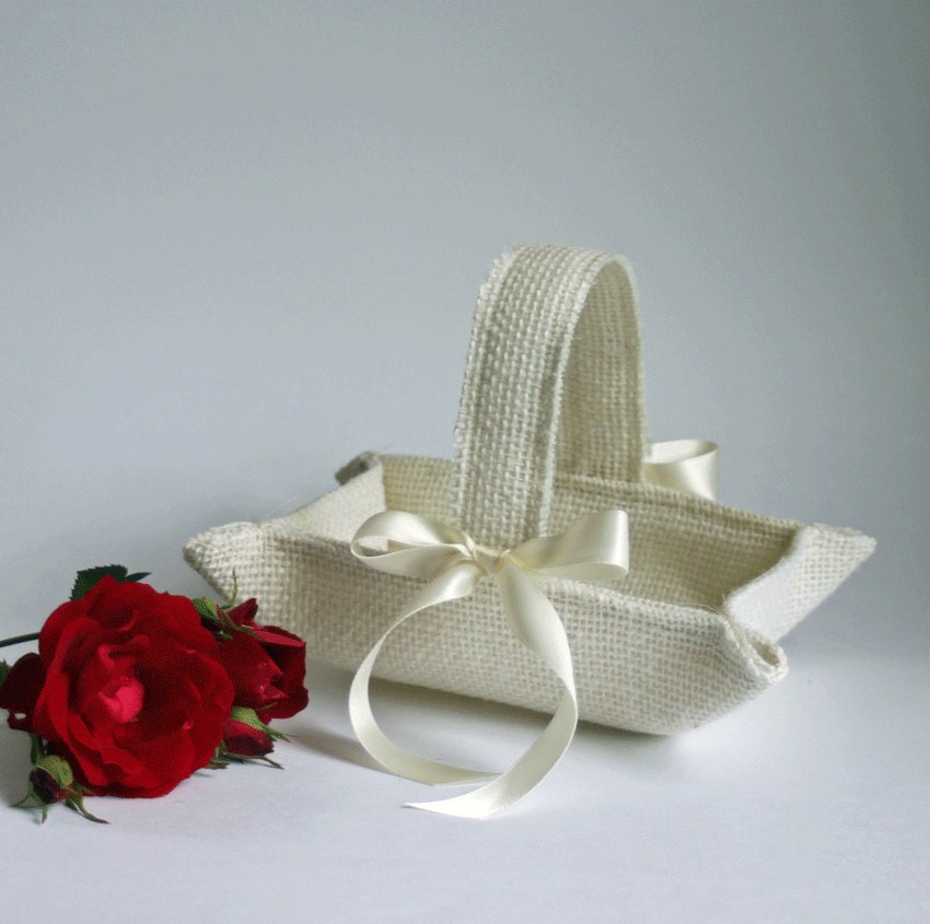 Little ivory burlap flower girl basket handmade for your rustic wedding