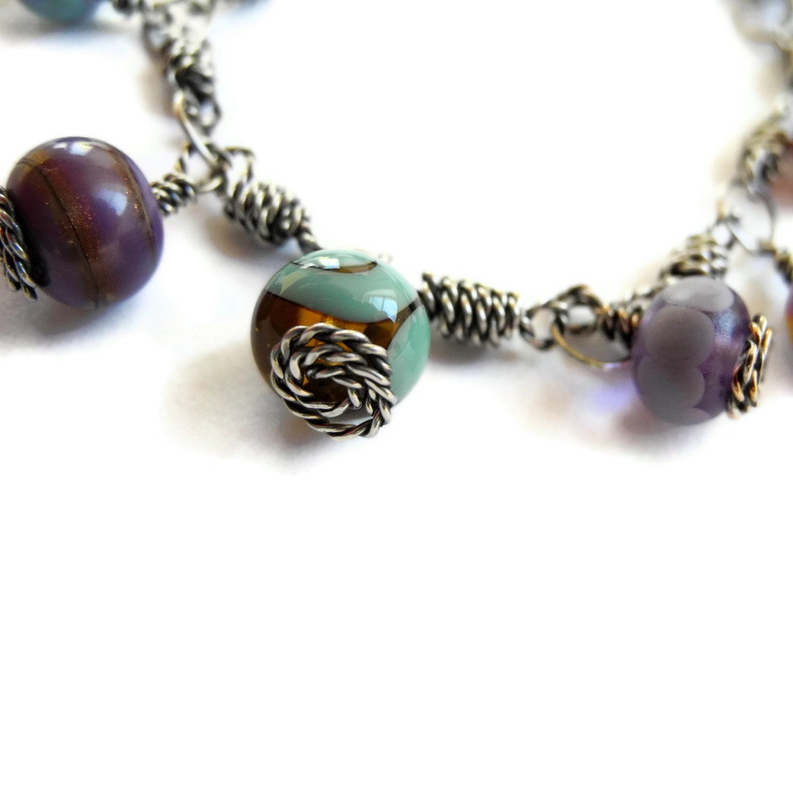 Lampwork Bracelet Oxidized Sterling Silver Bracelet Aqua Purple Wire Wrap Bracelet Cha Cha Bracelet