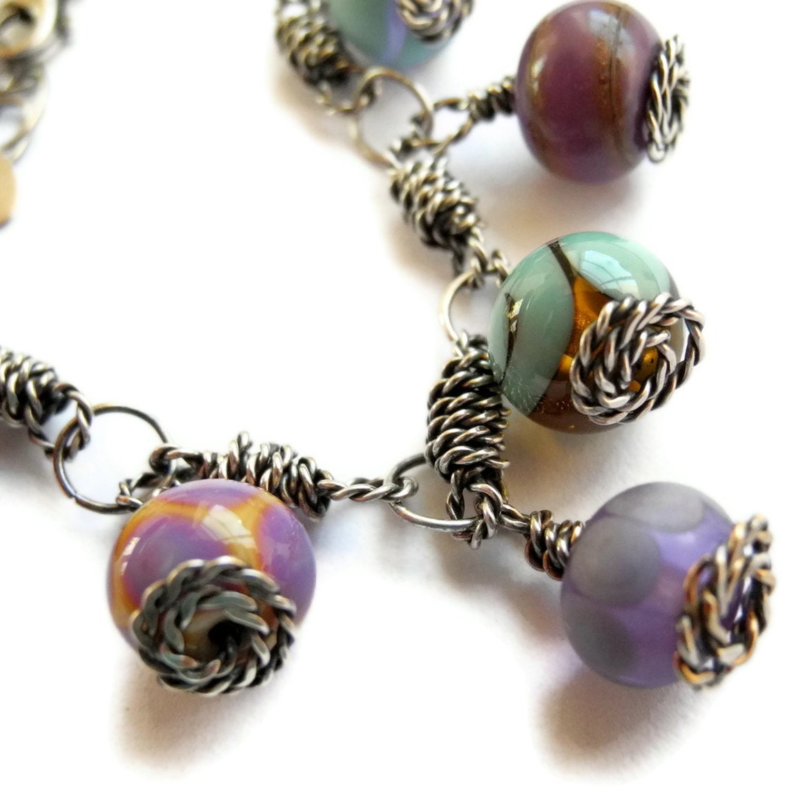 Lampwork Bracelet Oxidized Sterling Silver Bracelet Aqua Purple Wire Wrap Bracelet Cha Cha Bracelet