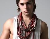 Red and Light Brown Infinity Scarf Circle - Loop - Spring Summer Jewelry - Womens Mens Necklace Fabric Jewelry - Tribal Burning Man Scarves