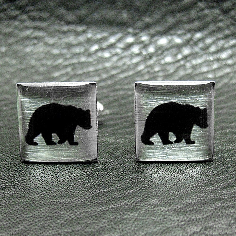 Bear Silver Leaf Animal Hunter Cuff links - A