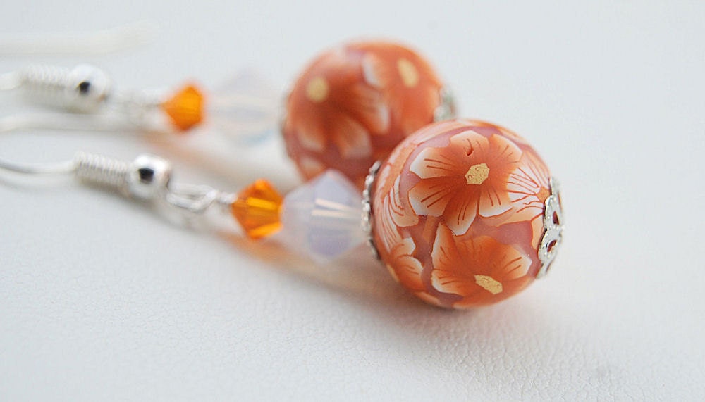 Orange Hibiscus Polymer clay and swarovski crystal earrings