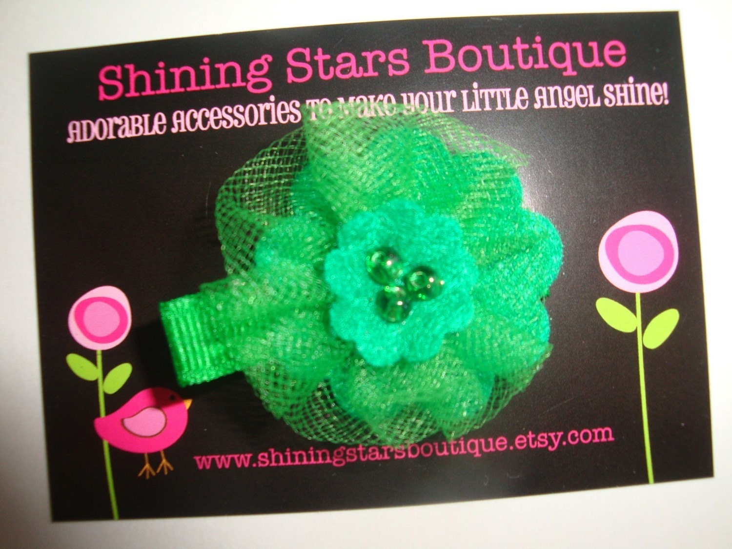Elegant Emerald Green Felt and Tulle Scalloped Flower Hair Clippie With Beaded Center