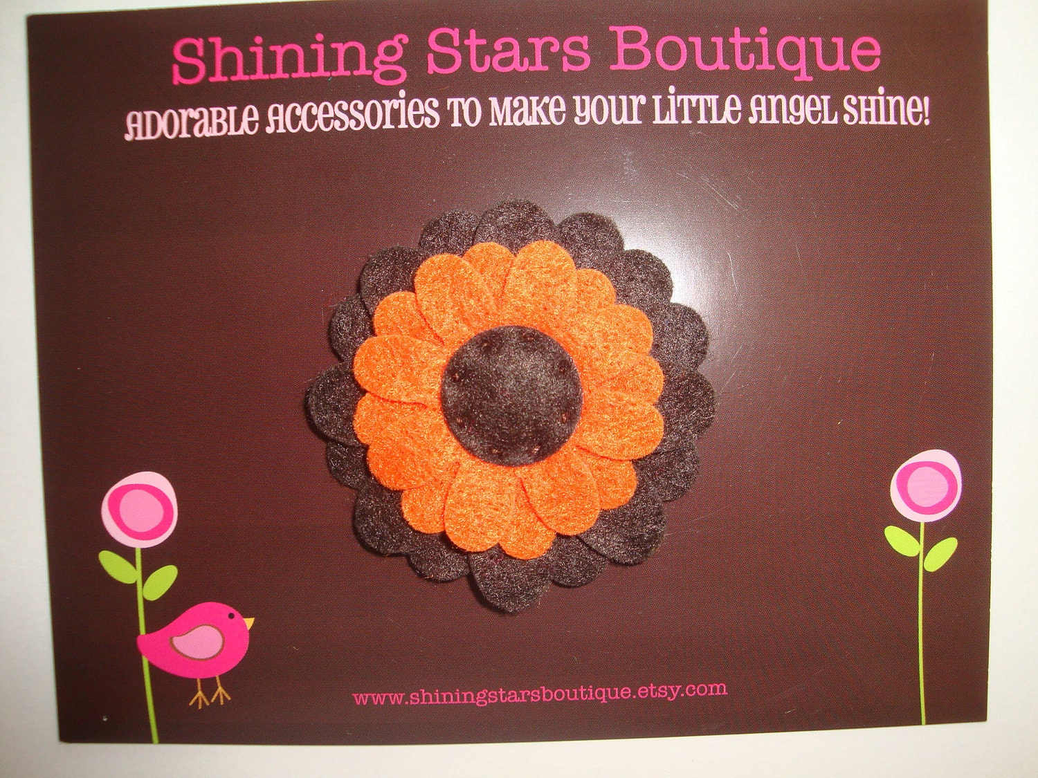 Girl Hair Accessories - Brown And Orange Layered Felt Daisy Flower Boutique Hair Clippie With Stitching - Cute Headband Accessory