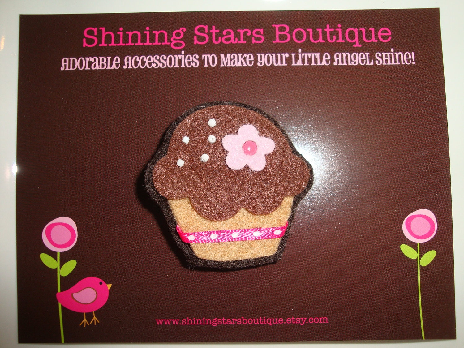 Hair Accessories - Felt Hair Clip - Sweet Treat Brown Chocolate Cupcake With Beaded Sprinkles And Light Pink Flower Felt Hair Clippie