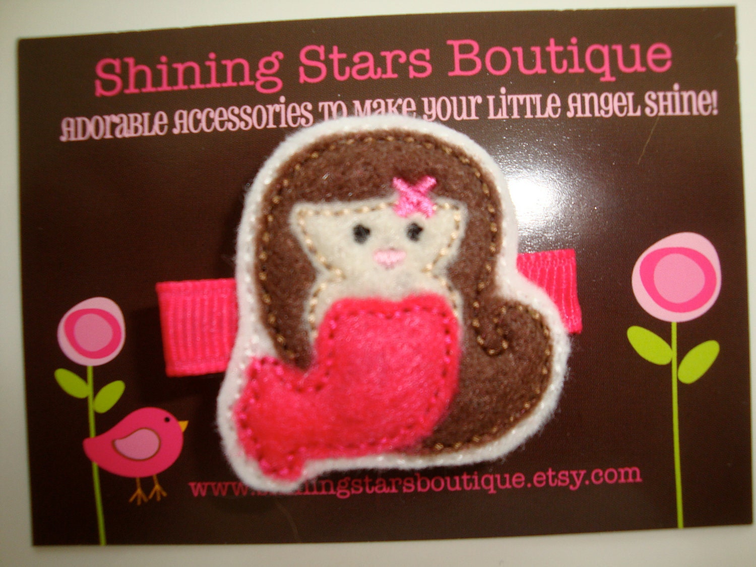 Felt Hair Clips - Hair Accessories - Shocking Pink Felt Mermaid With Brown Hair Embroidered Boutique Hair Clippie For Girls