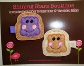 Felt Hair Clips - Hair Accessories - Embroidered Felt Peanut Butter And Grape Jelly Toast Or Sandwich Boutique Hair Clippie Set For School