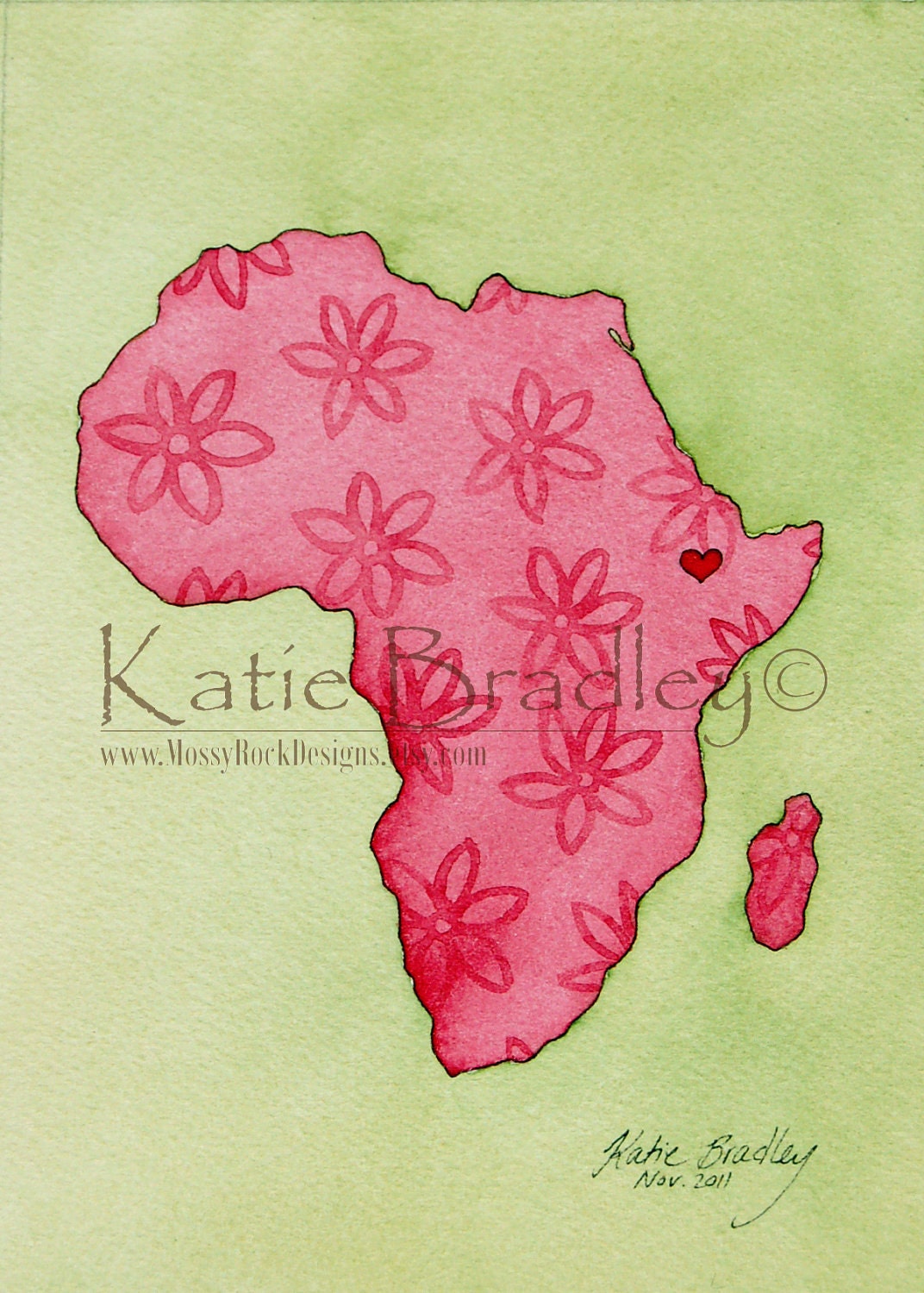 NEW 8x10 print "I love Ethiopia" pink Africa map