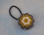 Gray Flower Blossom Wool Felt Button Ponytail Holder