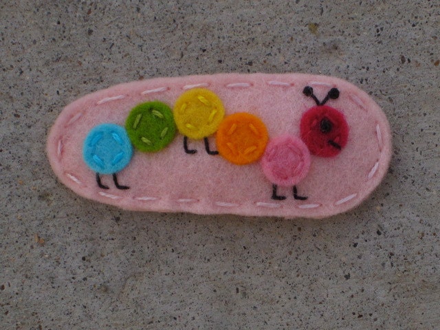 Bright Mulitcolored Caterpillar Soft Pink Wool Felt Hair Clip