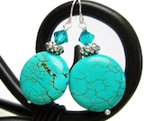 Turquoise and Silver Beaded Earrings. Crystal Wire Wrapped Earrings
