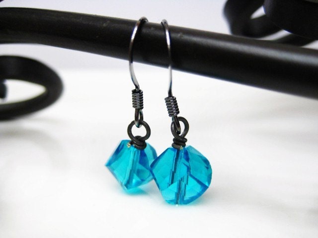 Gunmetal and Blue Beaded Earrings. Aquamarine Wire Wrapped Earrings