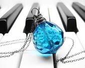 Blue Wire Wrapped Teardrop Necklace. Oxidized Sterling Silver Necklace. Blue Beaded Necklace