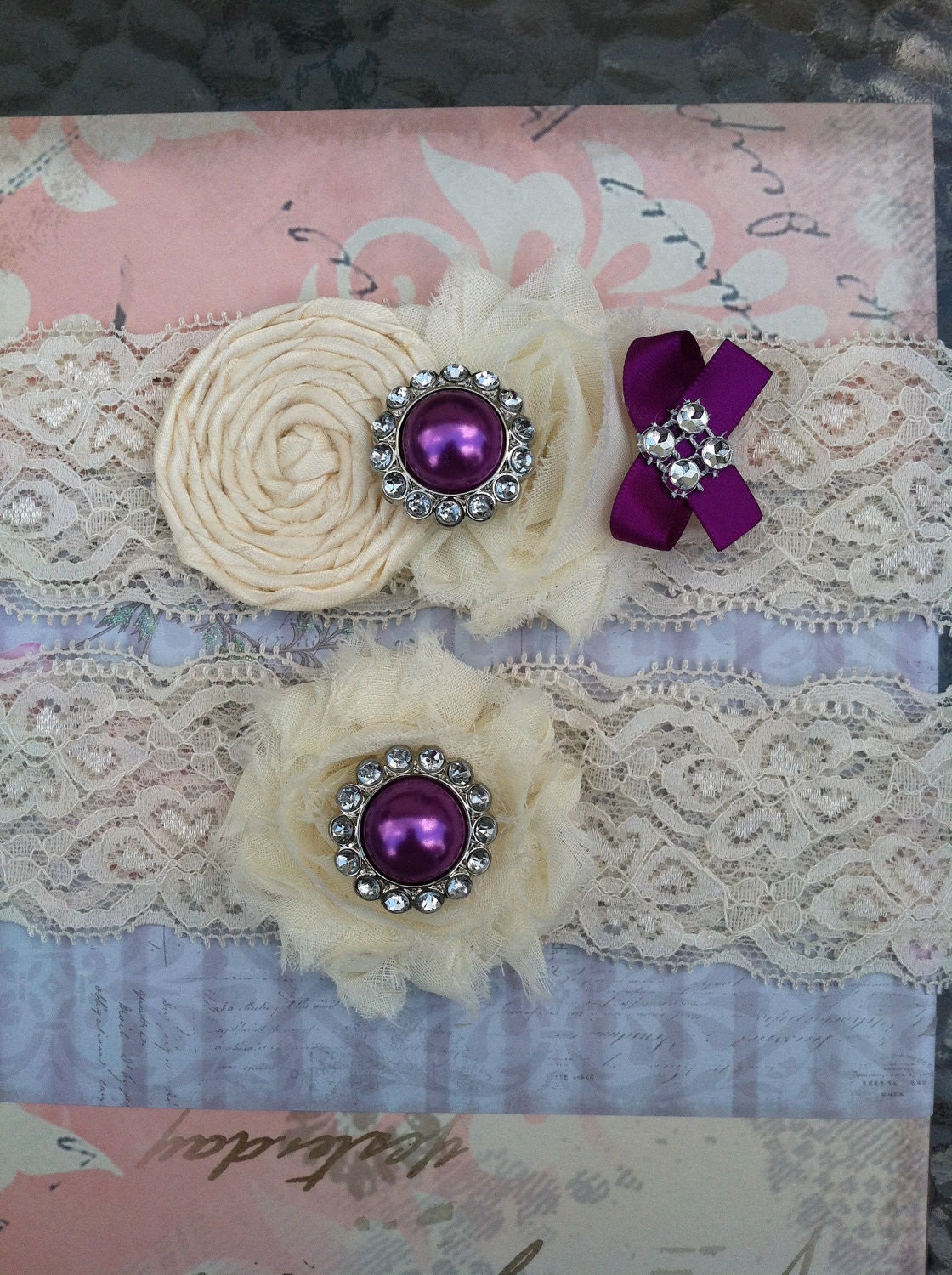 Garter/ ivory/ dark purple wedding garter / bridal garter/ lace garter / toss garter / wedding garter / vintage inspired lace garter