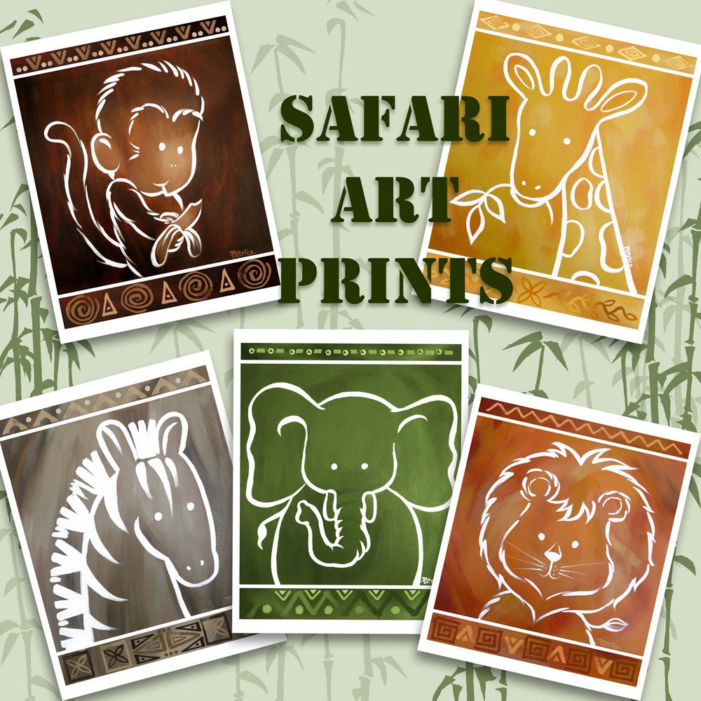 Art for Children - African Jungle Safari Zoo Animals Art Prints for Nursery Kids Children Set of 5 Fine Art Prints