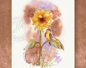 Original Watercolor Garden Yellow Gold Sunflower Goldfinch Bird - Plus Custom Matting