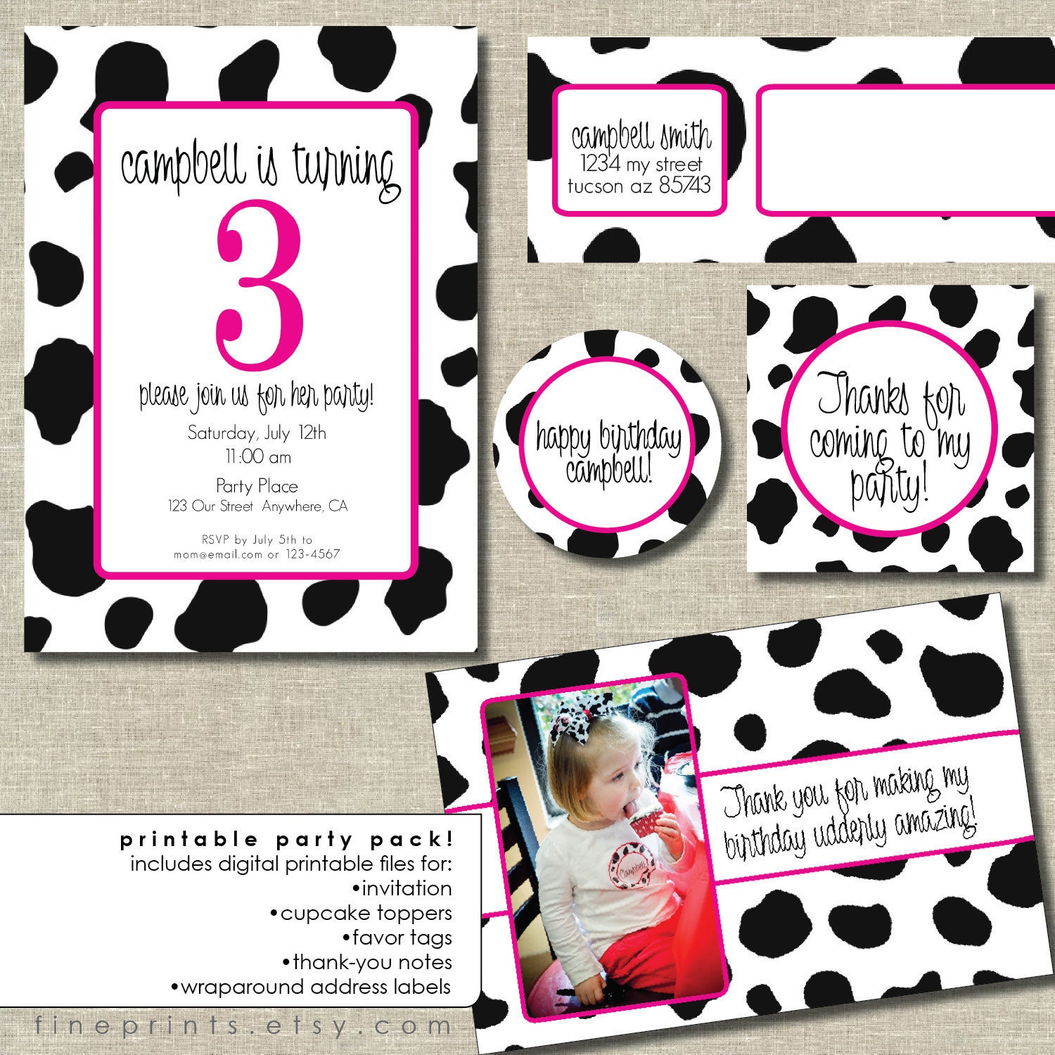 party package for any design in the shop . . . . you print (cow party package sample)