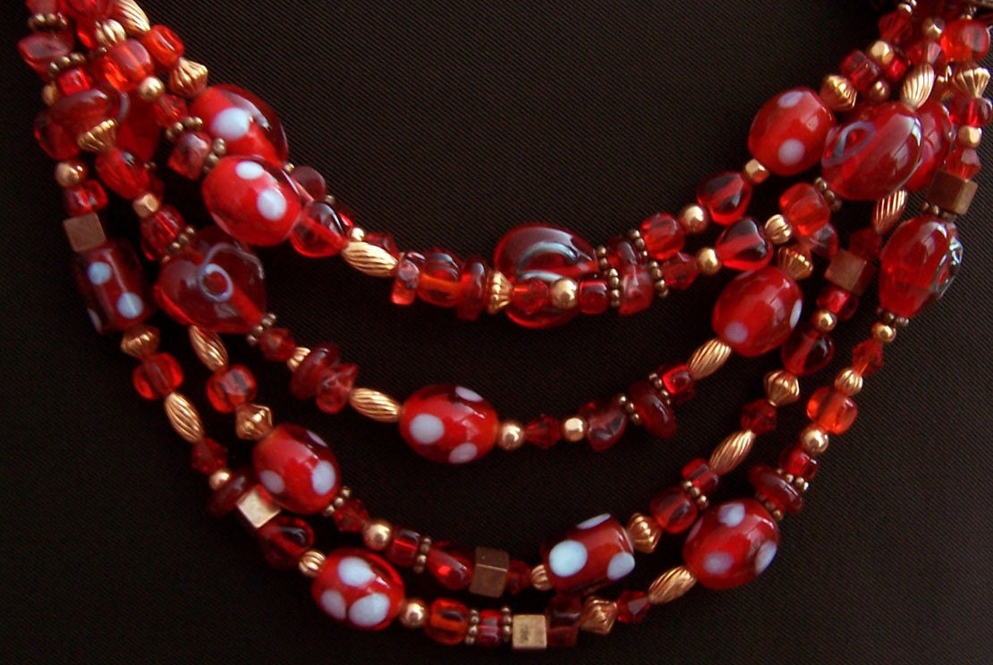 Ruby Red Bib Necklace Showy Scarlet Scattered Hearts OOAK Favoriteblings Multistrand Knockout