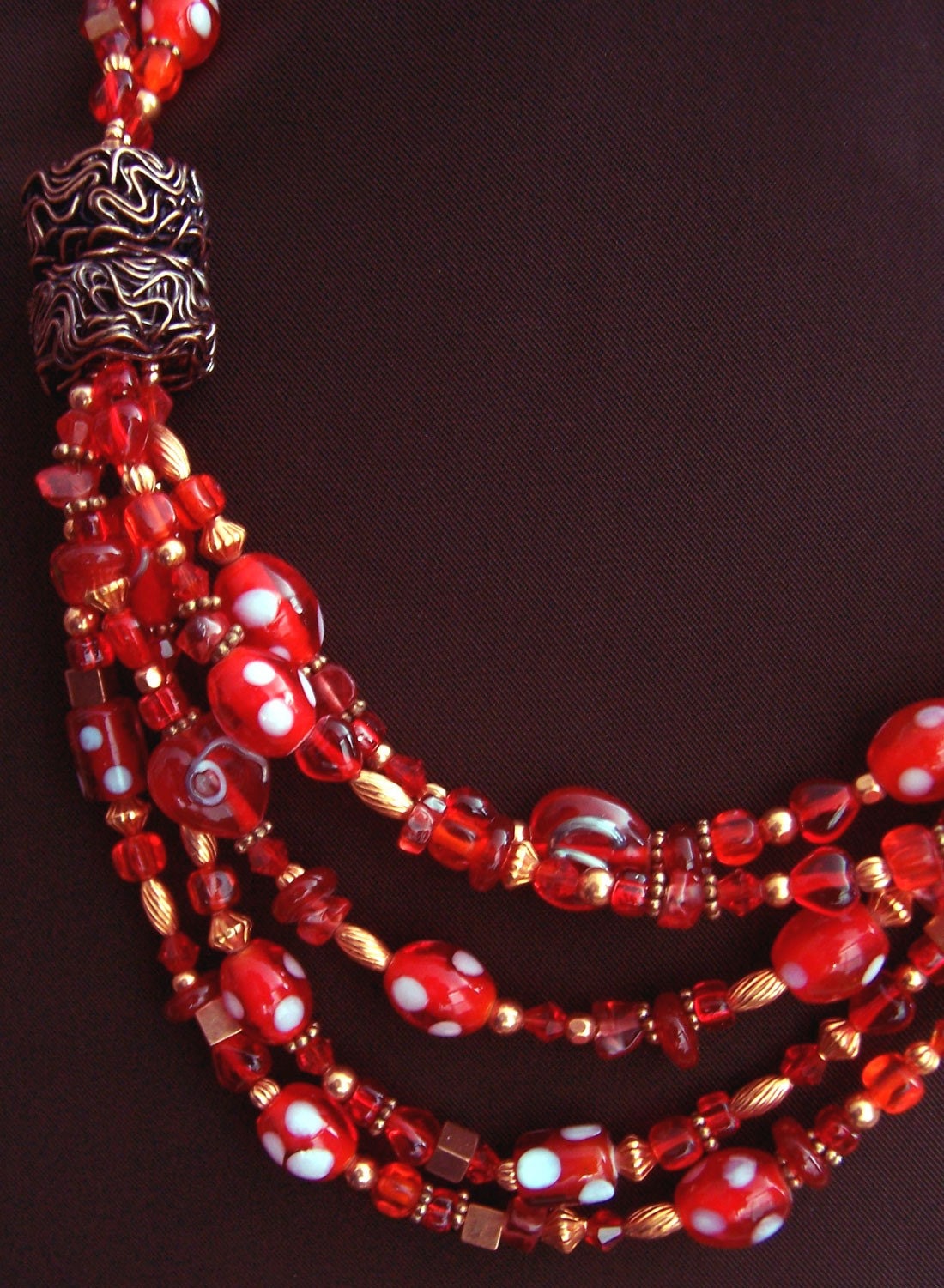 Ruby Red Bib Necklace Showy Scarlet Scattered Hearts OOAK Favoriteblings Multistrand Knockout