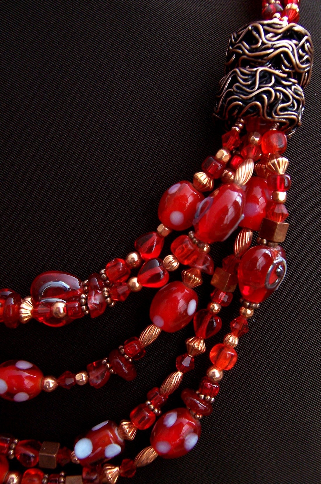 Ruby Red Bib Necklace Showy Scarlet Scattered Hearts OOAK Favoriteblings Multistrand Knockout