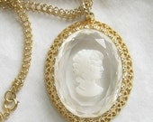 Vintage Reverse Carved Lucite Lady Cameo Pendant Necklace with Filigree Setting