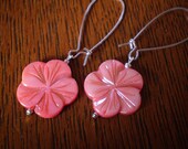 Hawaiian Coral Long Dangle Earrings on Silver Kidney Wires Mother of Pearl