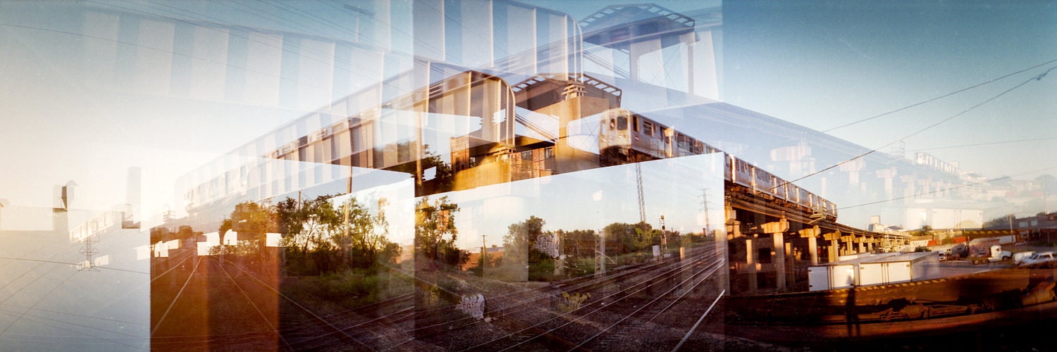 2x6 magnet, FREE SHIPPING, stocking stuffer, landscape, multiple exposure Chicago panorama, 35mm color film "When the sun shines just right"