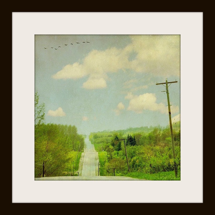 Country Photograph, Green, Hill, Landscape, Sky, Clouds, Dreamy, Wall Decor, Nature Photography -The Winding Road Home (8x8)
