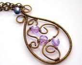 Wirewrapped Antiqued Brass Pendant Purple Glass Beads Ooak Necklace
