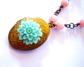 Brass Locket Blue Flower Resin Cabochon Beaded Vintage Style Necklace