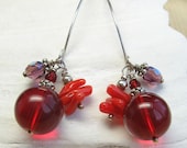 Crimson Red Earrings - Cluster Dangle Wishbone Style Earrings - E3