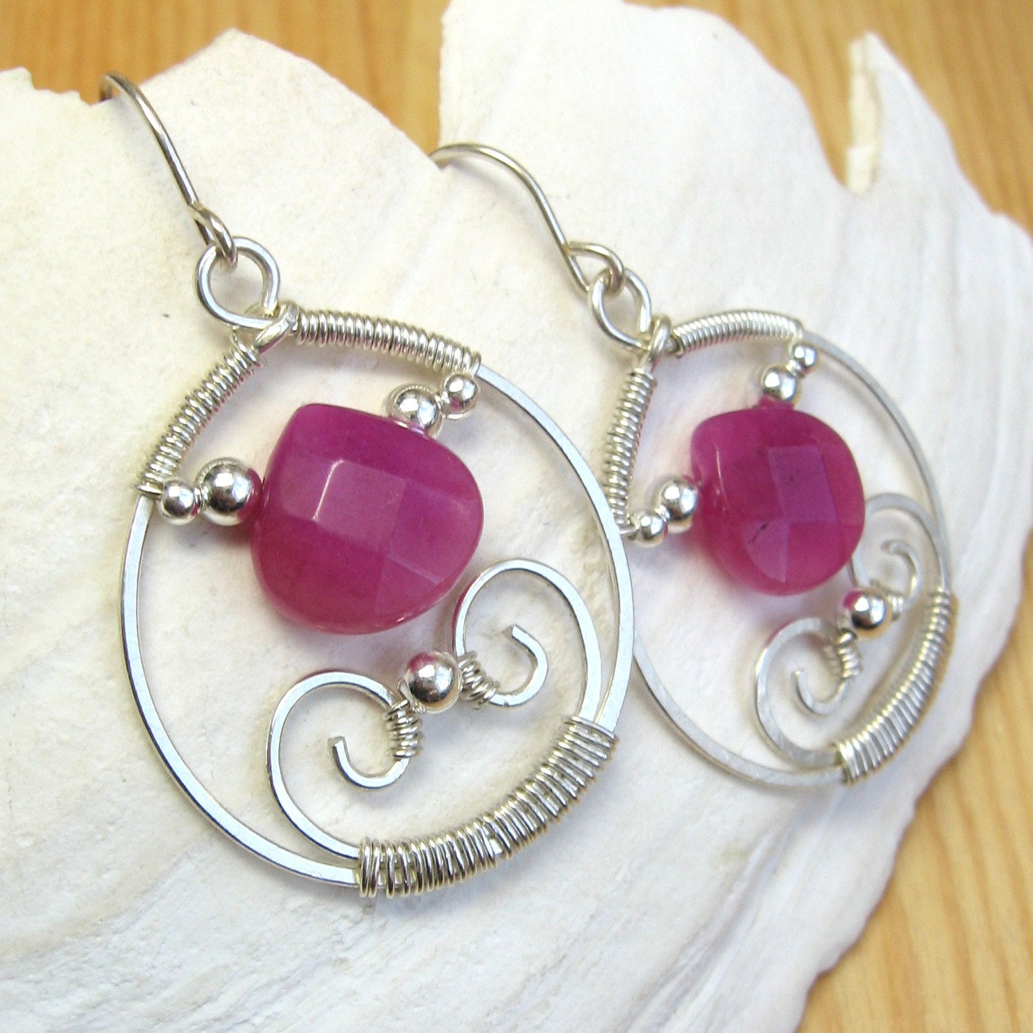 Pink Jade Wire Wrapped Sterling Silver Earrings - Boleyn Earrings