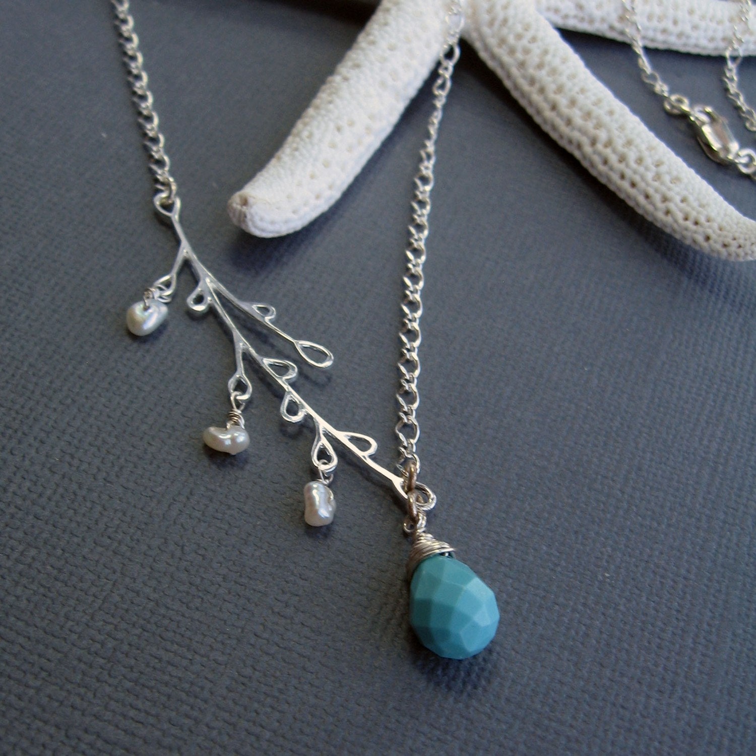 Turquoise Droplet and Keishi Pearl Branch Necklace - Laurel