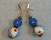 Vintage Chinese Red White Blue Porcelain Bead Earrings, Blue Chalcedony ,Copper