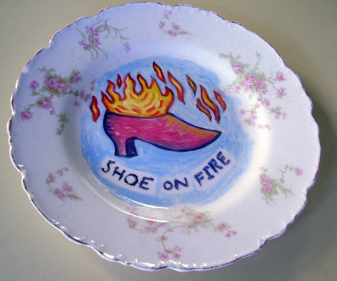 shoe on fire china plate hand painted reworked