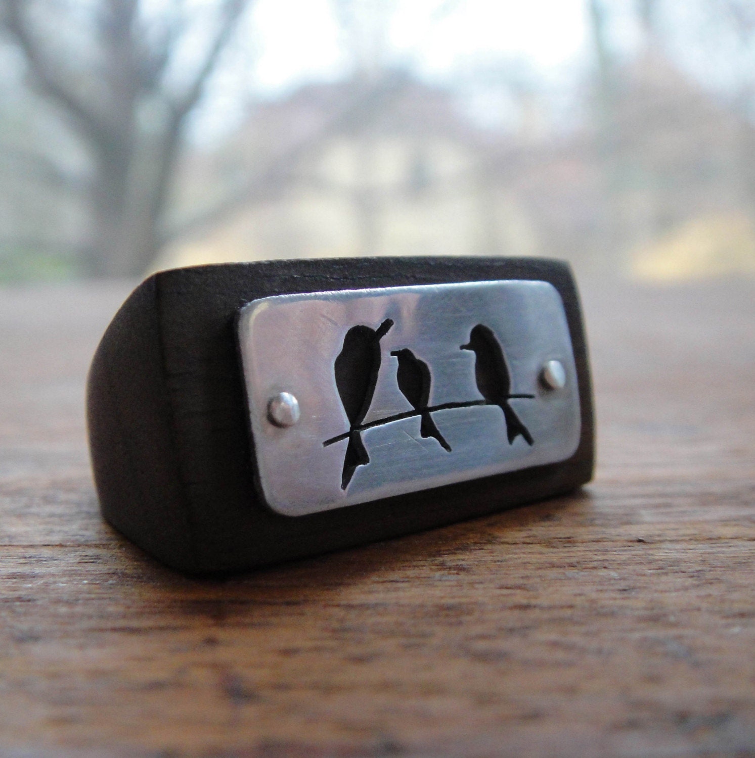 Birds on a Wire Silhouette Wood Ring  -- Modern Woods