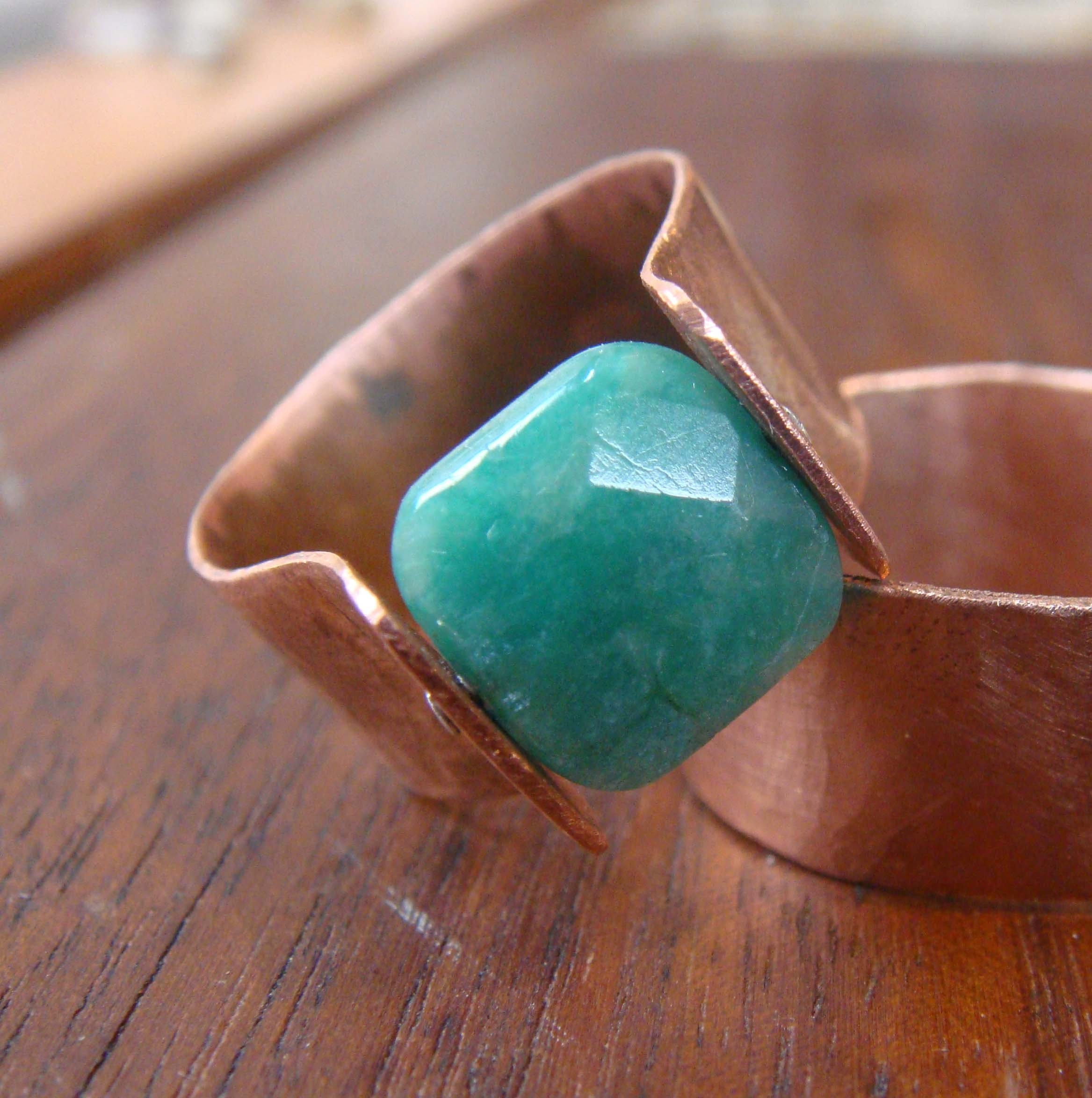 Copper Rivet Ring - Russian Amazonite Square Stone