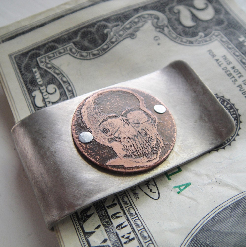 Etched Skull  Money Clip in Aluminum-- Acid Bath Series