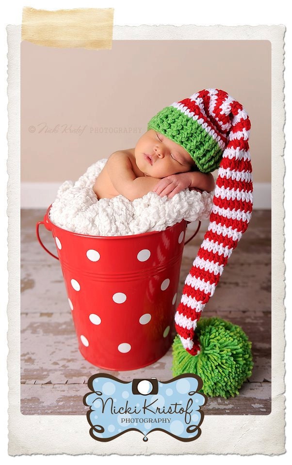 Elf or Santa Hat in Red, Green, and White. Large Pom Pom