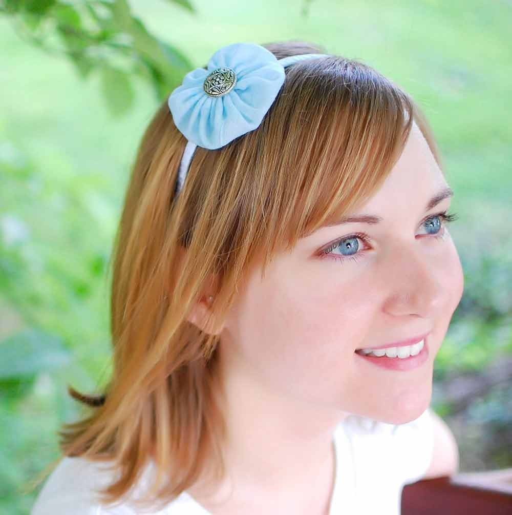 50 percent off sale- Headband- white ribbon and sky blue yoyo with button