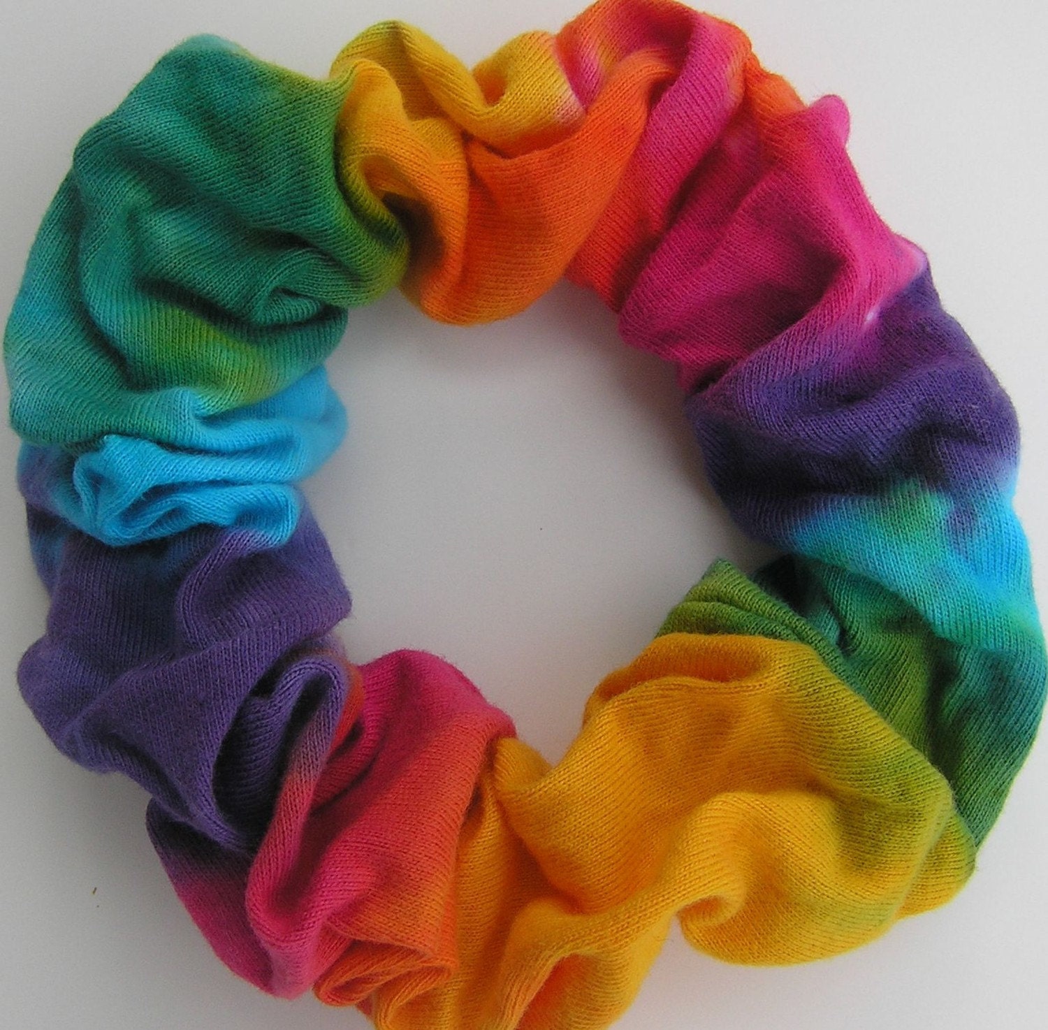 Cotton Scrunchie, hand dyed, soft for hair, bright rainbow