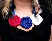 Fabric flower bib necklace, rosette flower, fabric necklace, super hero colors, red, white & blue, wonder woman, super man, super girl