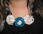 Bib flower rosette necklace, wedding accessory, bridal wear, prom, all occasion, taupe and dark teal